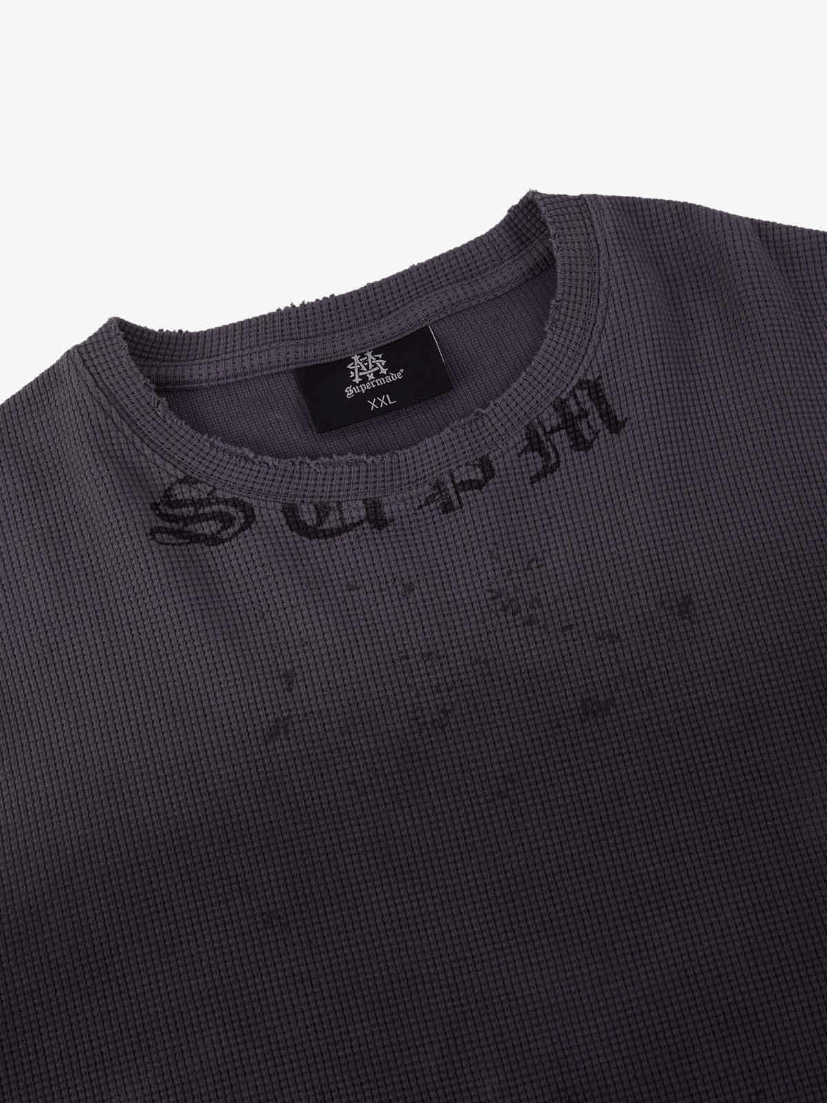 Waffle-Knit Distressed Gradient Print Long T-Shirt