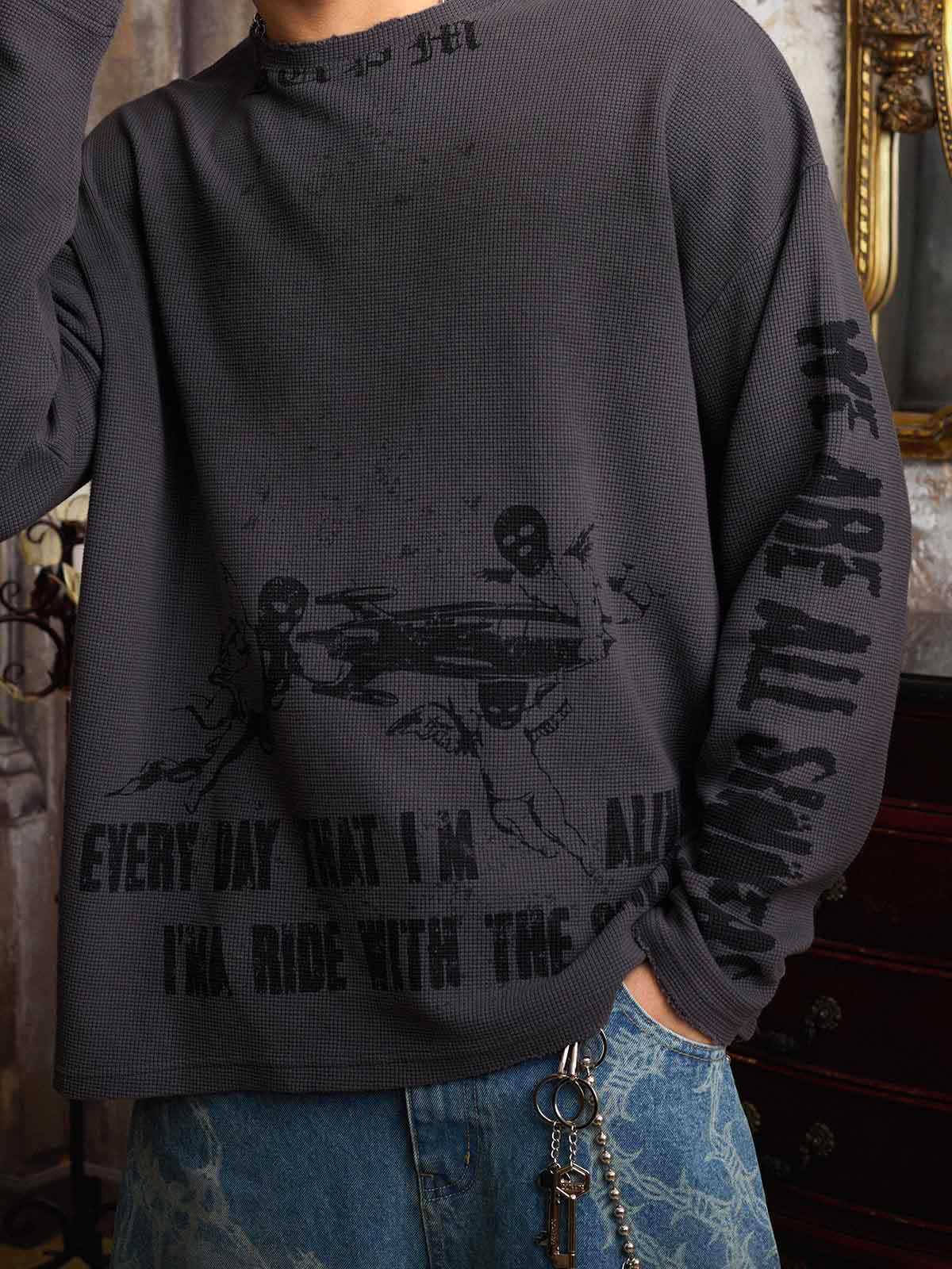 Waffle-Knit Distressed Gradient Print Long T-Shirt