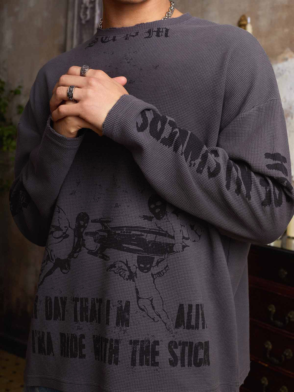 Waffle-Knit Distressed Gradient Print Long T-Shirt