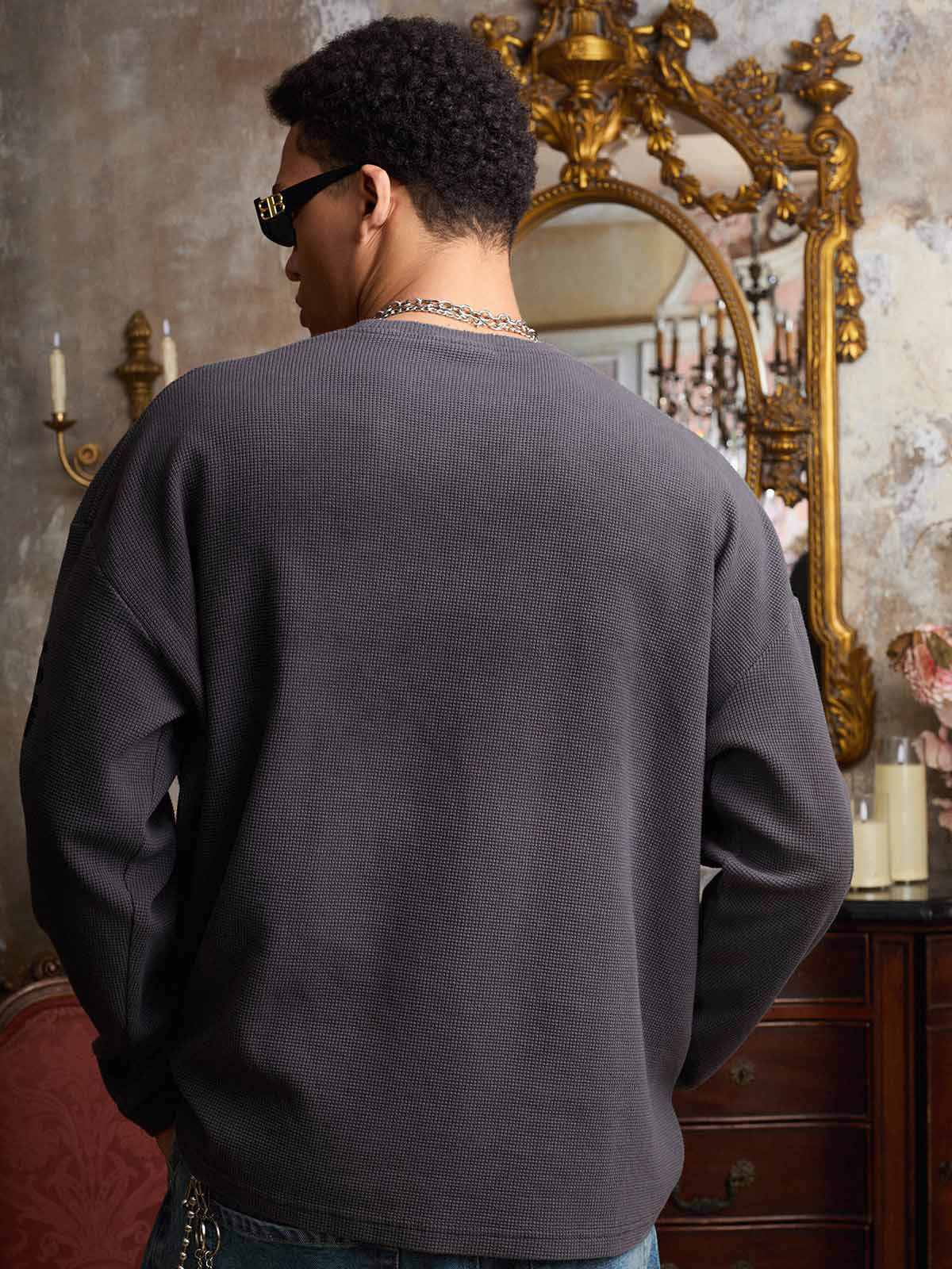 Waffle-Knit Distressed Gradient Print Long T-Shirt