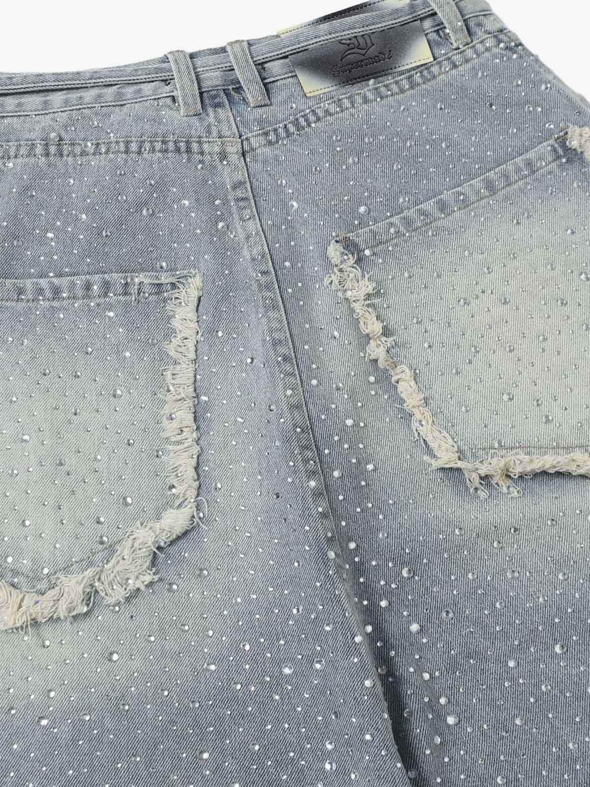 Distressed Rhinestone Denim Jorts - 2454