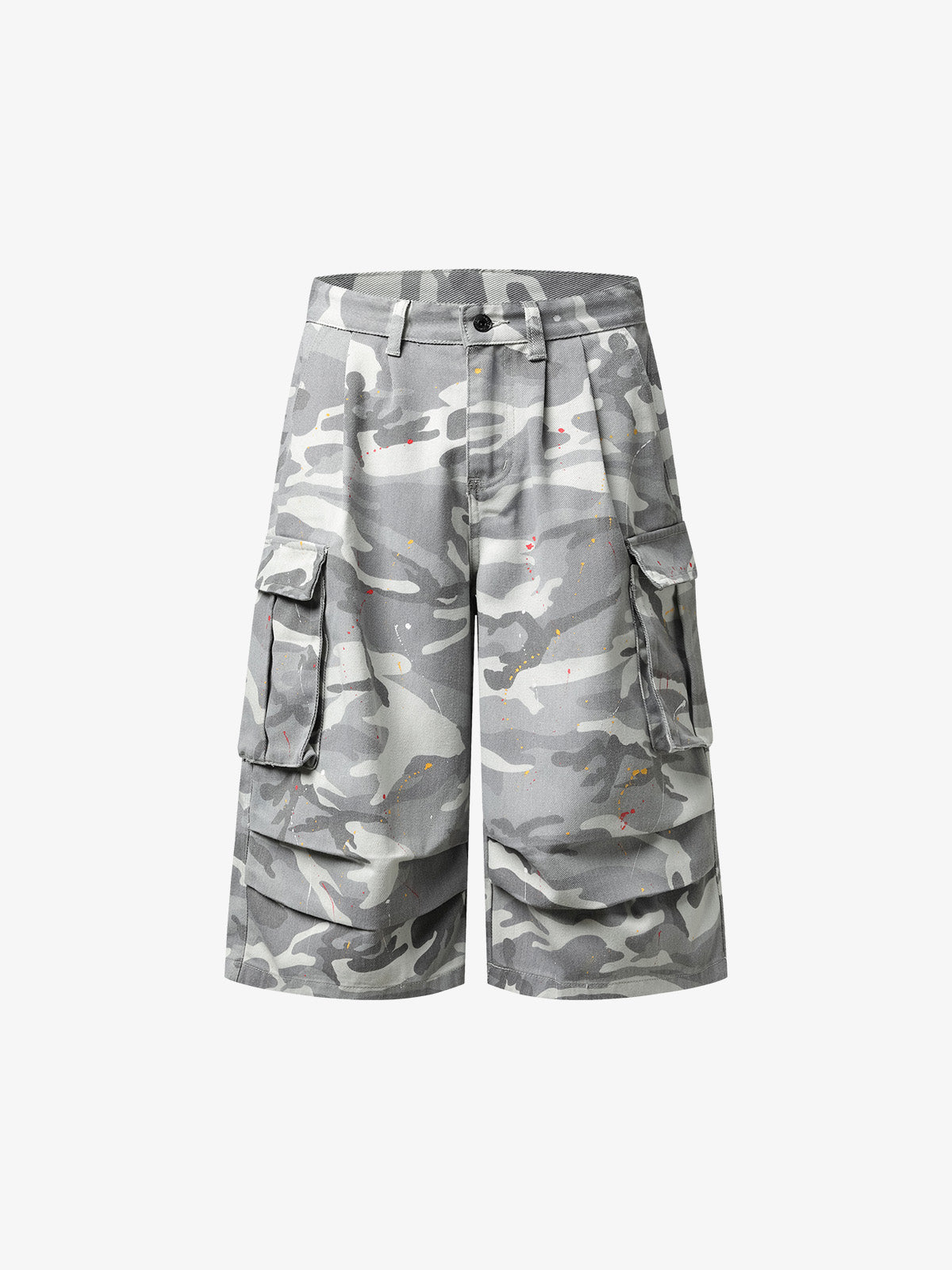 Camo Cargo Shorts with Paint Splatter