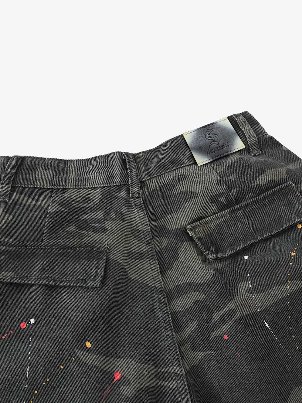 Camo Cargo Shorts with Paint Splatter