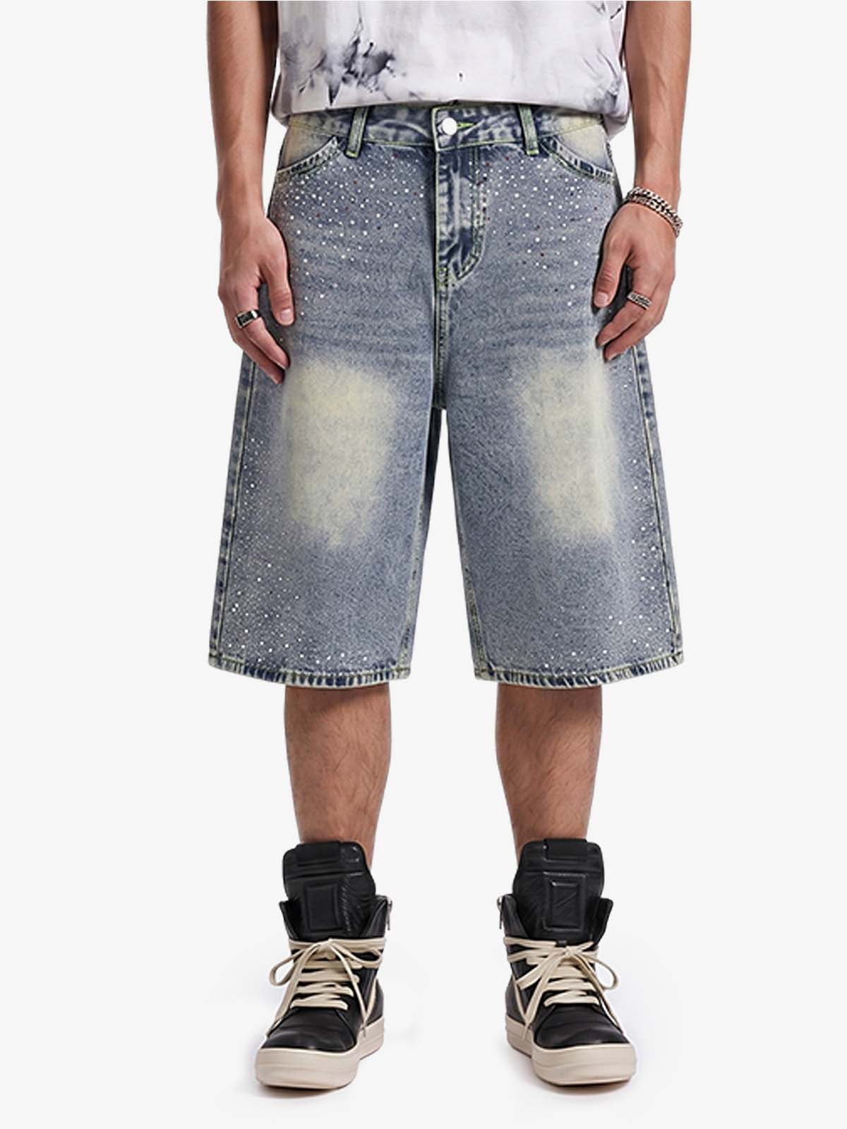 Rhinestone Distressed Denim Bermuda Shorts