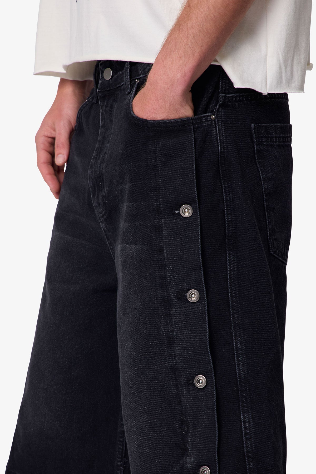 Ultra Baggy Offset Button Denim Shorts - Black