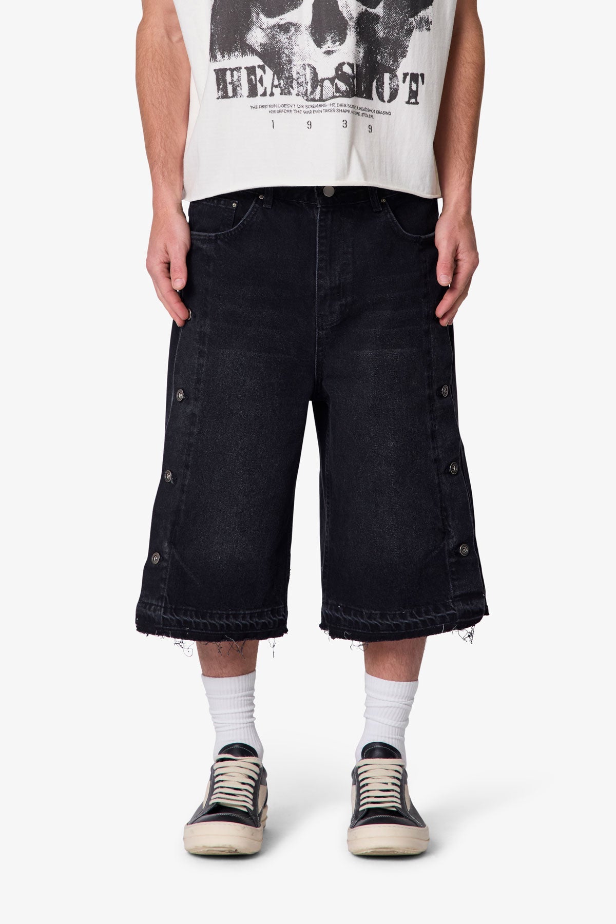 Ultra Baggy Offset Button Denim Shorts - Black