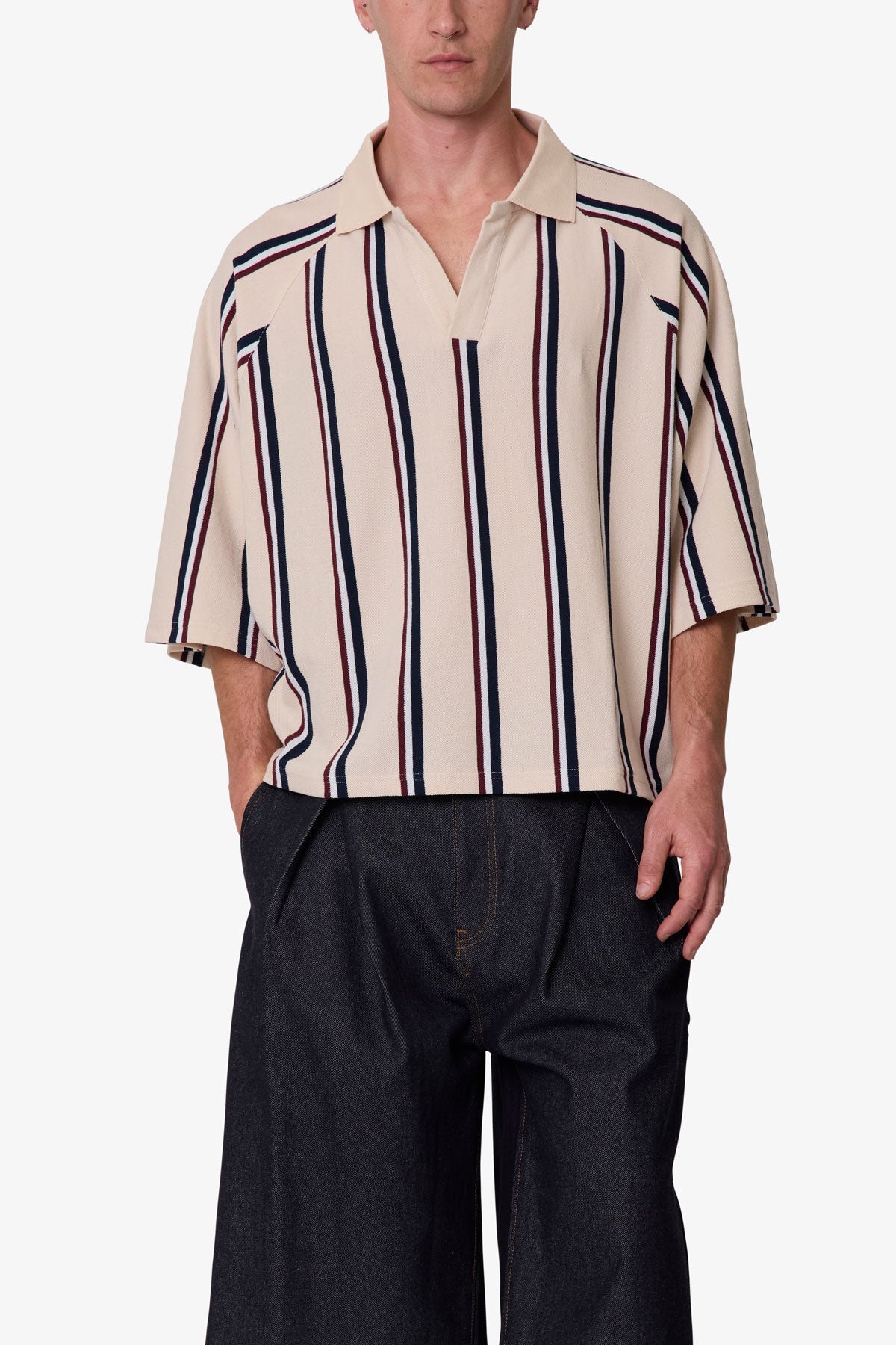 Wide Striped S/S Polo Shirt - Navy/Natural/Red
