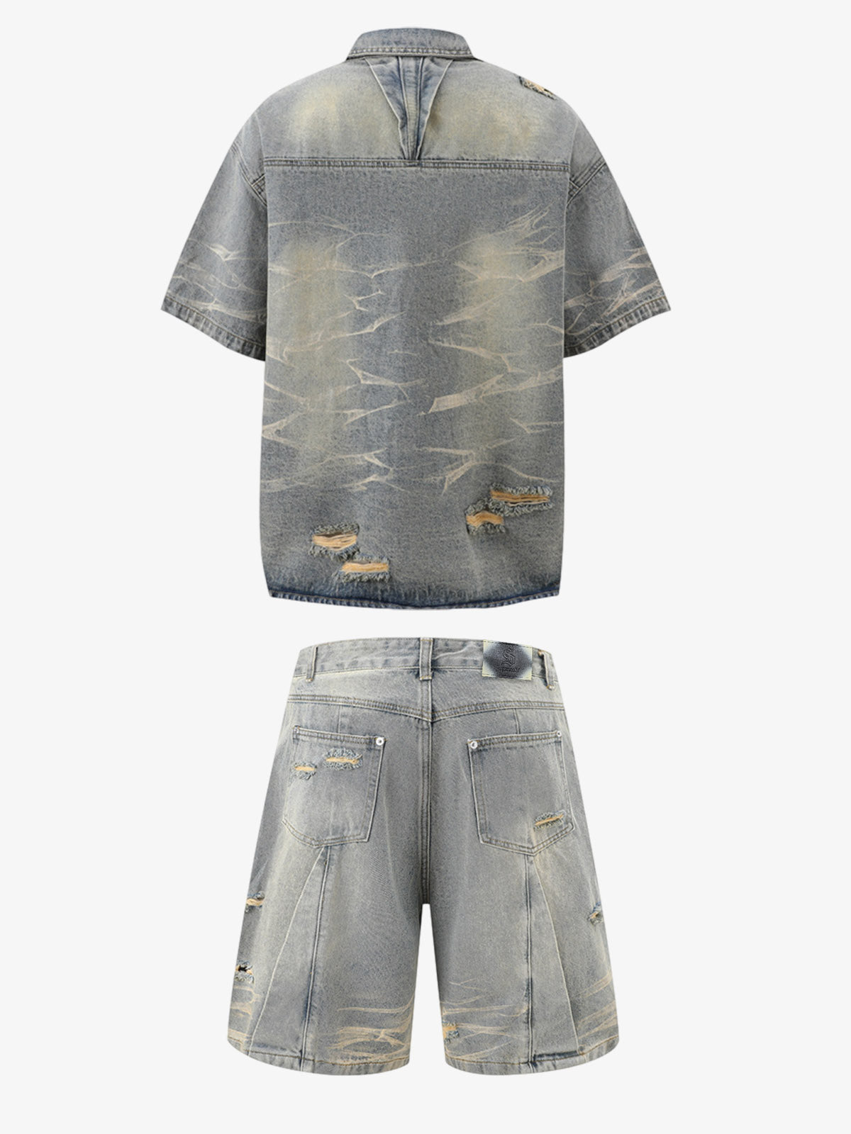 Washed Black Branch Print Deconstructed Denim Set