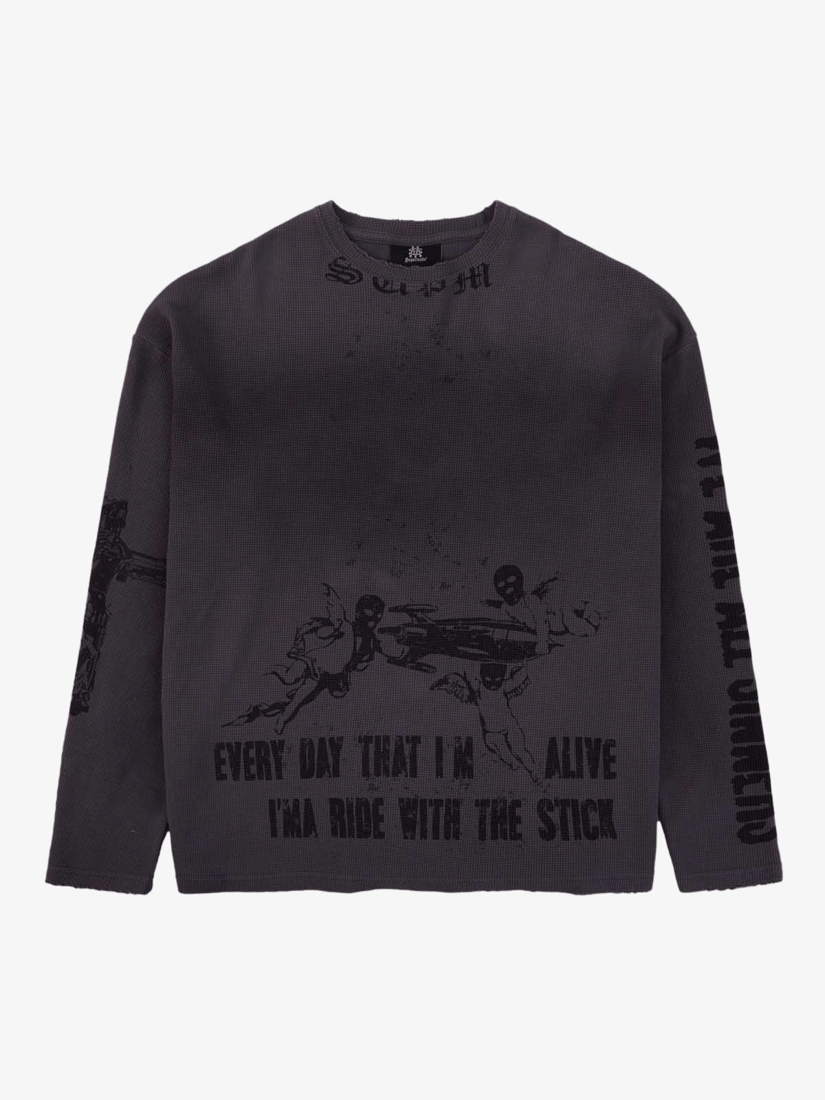 Waffle-Knit Distressed Gradient Print Long T-Shirt
