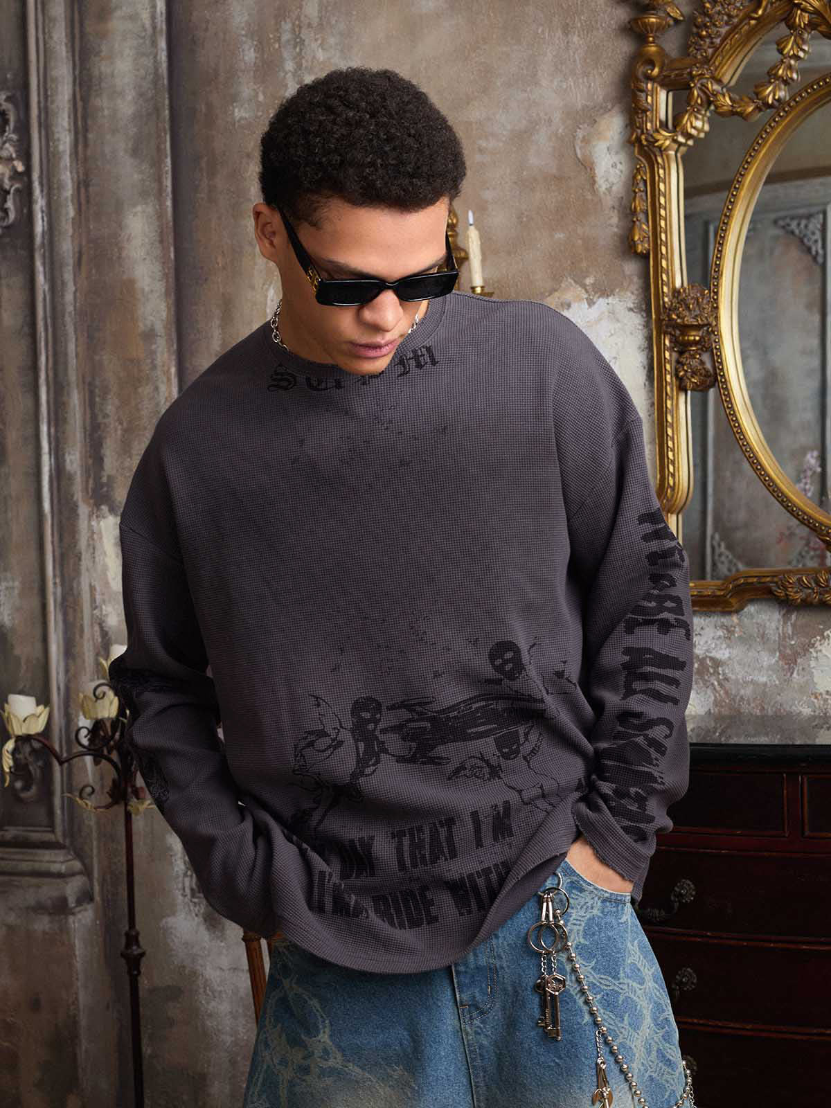 Waffle-Knit Distressed Gradient Print Long T-Shirt