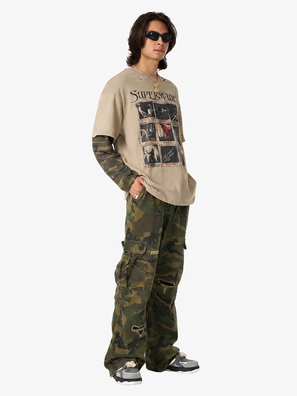 Jersey Distressed Camouflage Double Layered Graphic T-Shirt - 2420