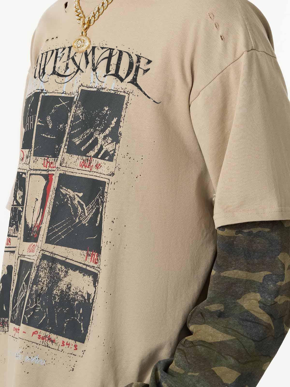 Jersey Distressed Camouflage Double Layered Graphic T-Shirt - 2420