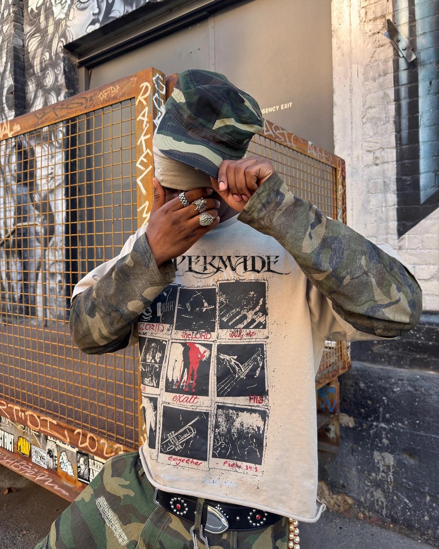 Jersey Distressed Camouflage Double Layered Graphic T-Shirt - 2420