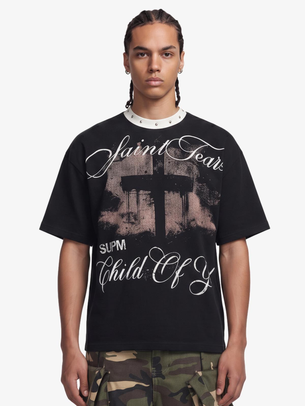 Gothic Cross Print Studded Collar Waffle Knit Graphic T-Shirt