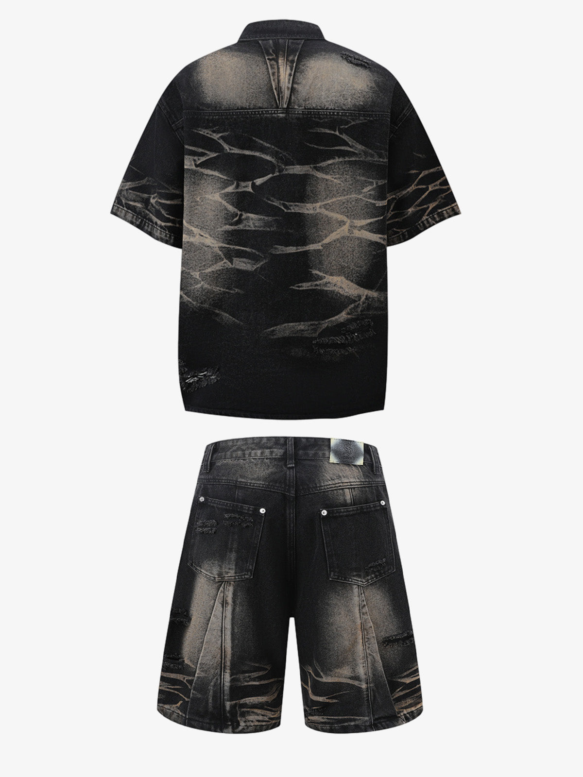 Washed Black Branch Print Deconstructed Denim Set