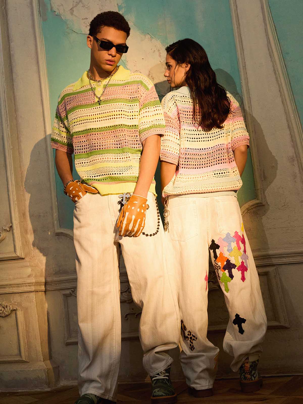Pastel Striped Crochet Knit Short Sleeve Polo Shirt