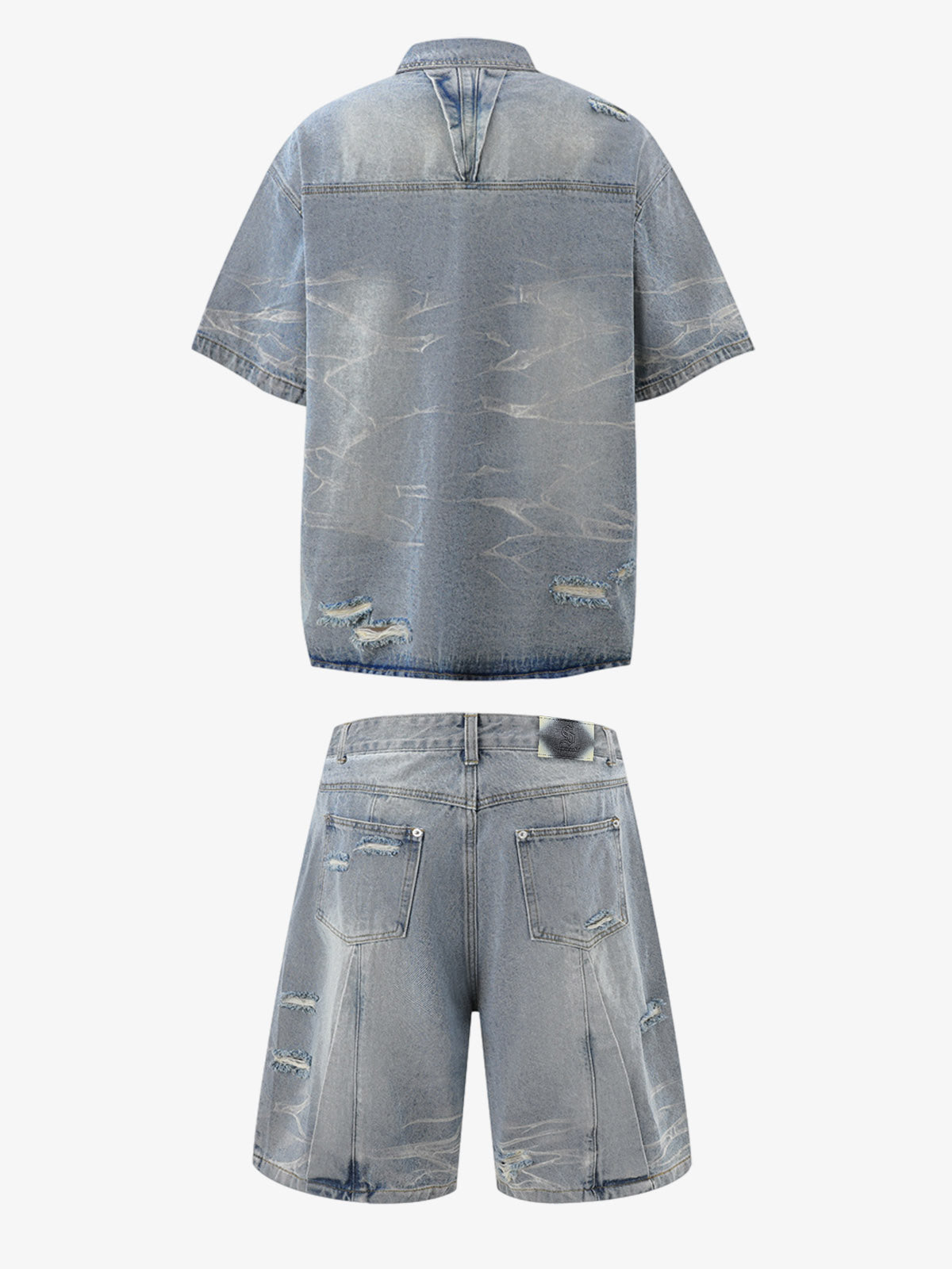 Washed Black Branch Print Deconstructed Denim Set