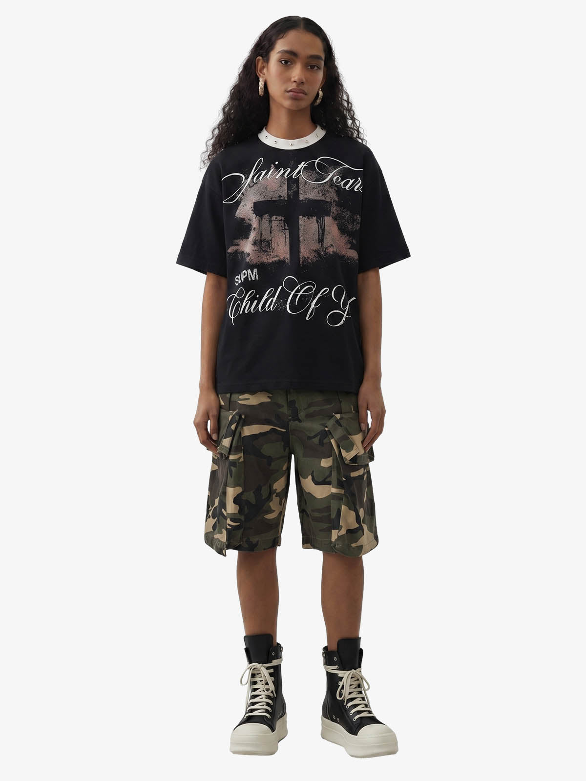 Gothic Cross Print Studded Collar Waffle Knit Graphic T-Shirt