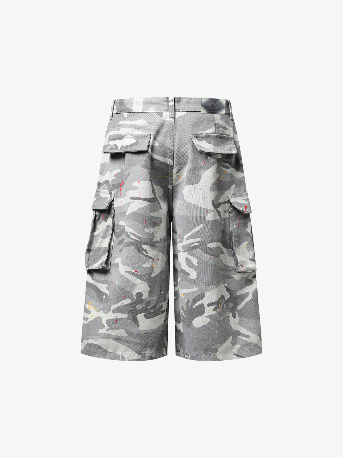 Camo Cargo Shorts with Paint Splatter
