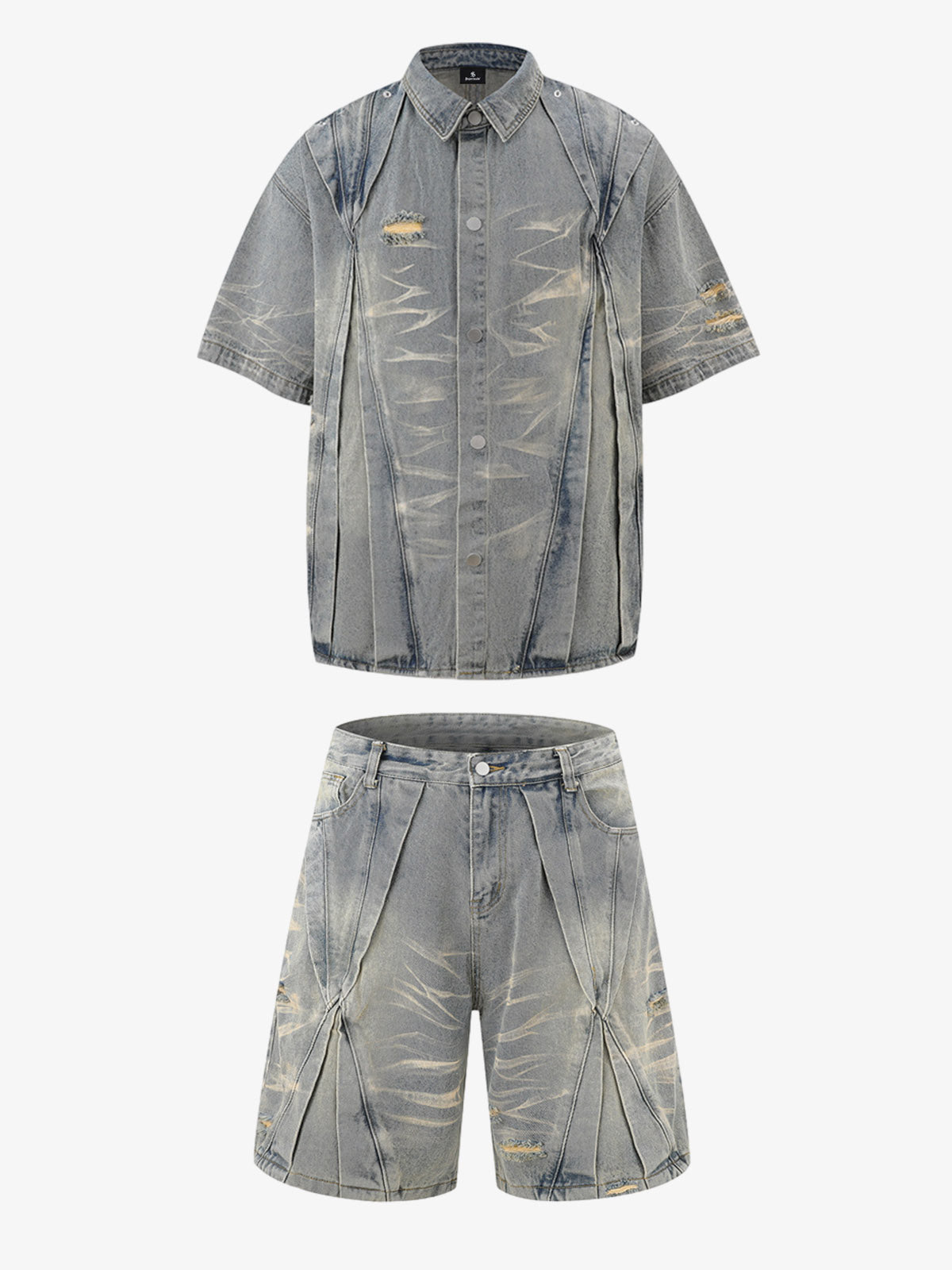 Washed Black Branch Print Deconstructed Denim Set