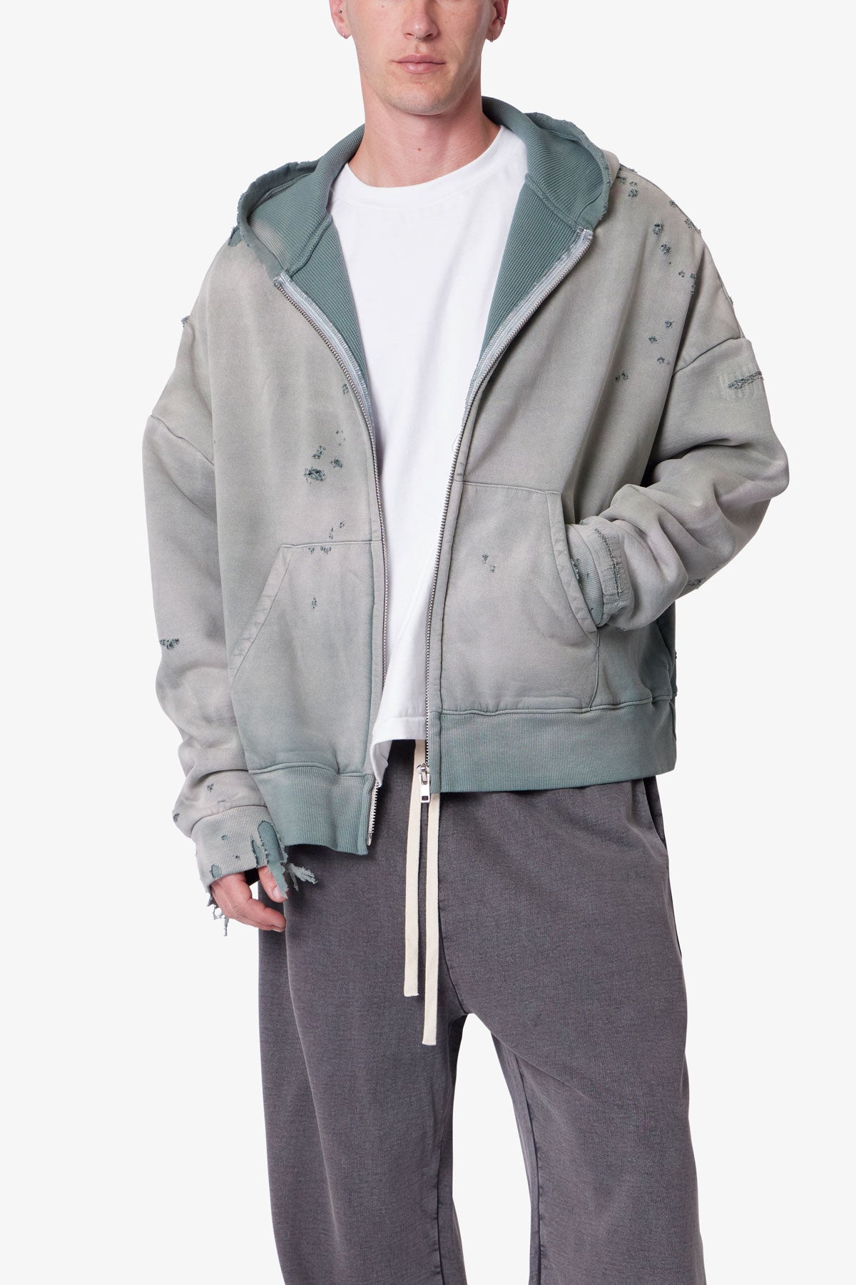 Distressed Thermal Lined Hoodie - Green