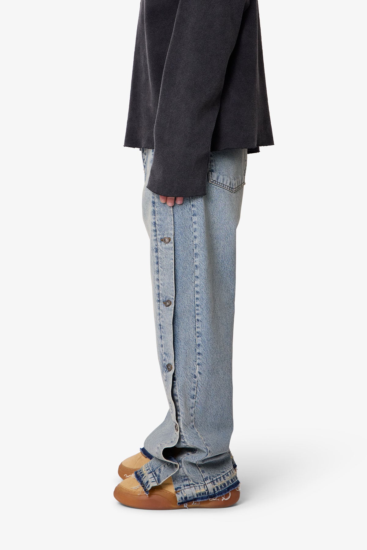 Ultra Baggy Offset Button Denim - Medium Blue