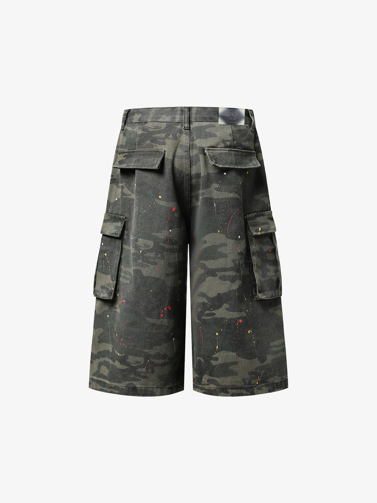 Camo Cargo Shorts with Paint Splatter