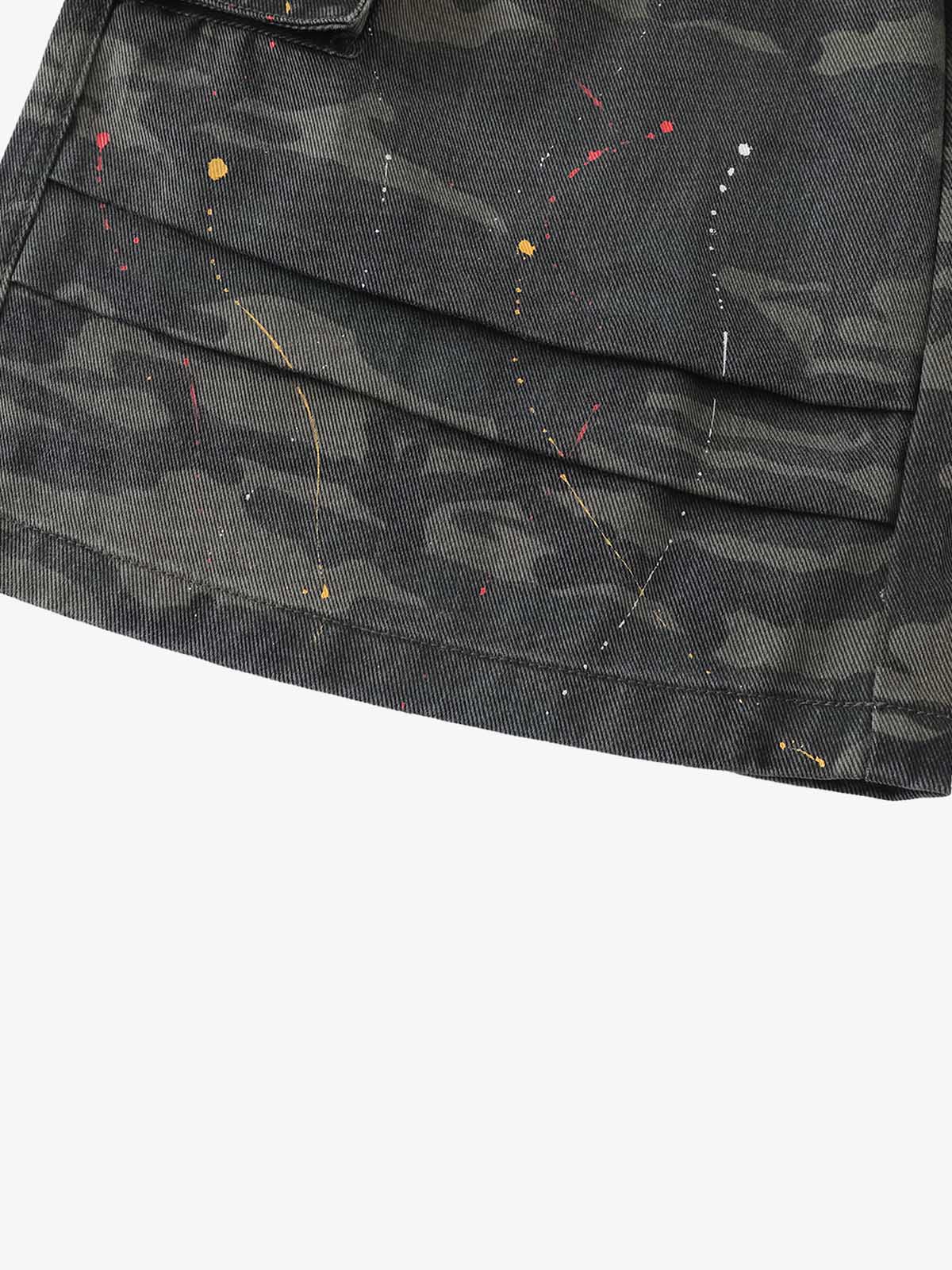 Camo Cargo Shorts with Paint Splatter
