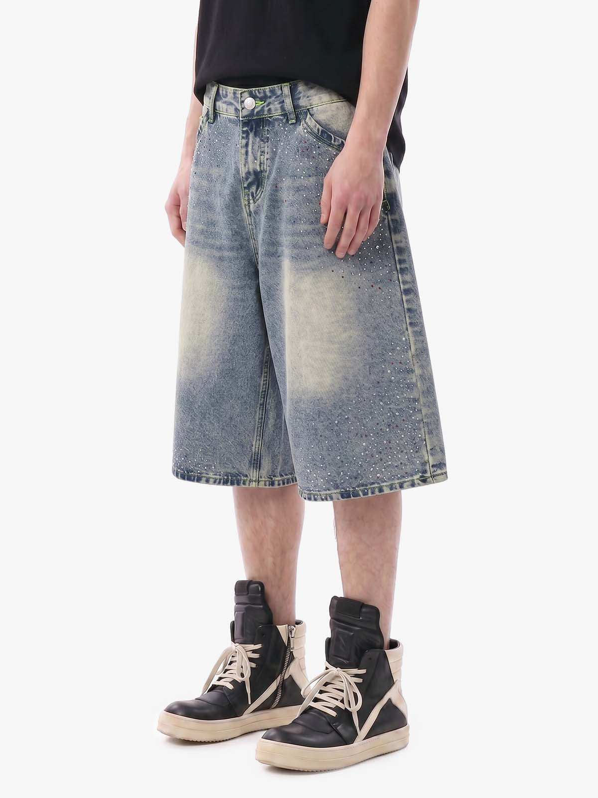 Rhinestone Distressed Denim Bermuda Shorts